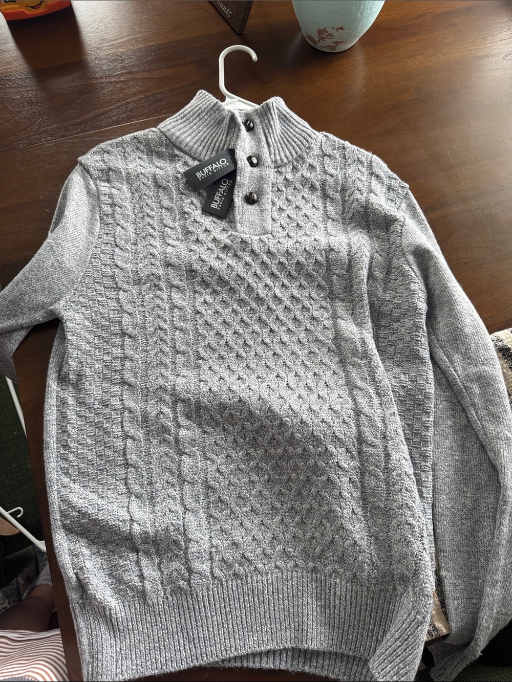 Buffalo David Bitton Men’s Light Gray Cable-Knit Zip Mock Neck Sweater